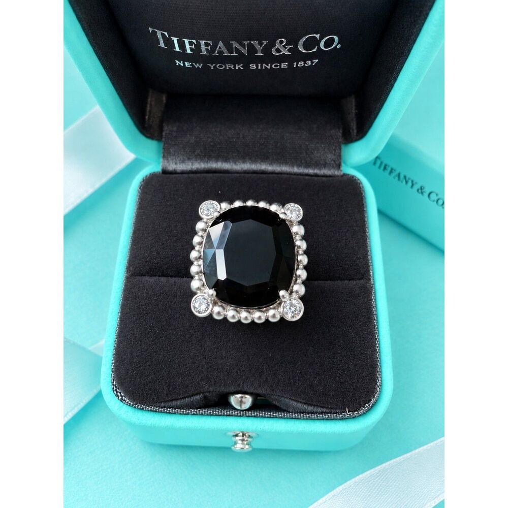 Rare and Retired Tiffany & Co. Ziegfeld Black Spinel Diamond Ring, sz 4, 15mm